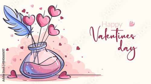 Romantic illustration featuring a love ink inkwell with pink liquid, a blue feather, and heart sticks surrounded by floating hearts. A sweet Valentine scene perfect for cards, prints, and projects.