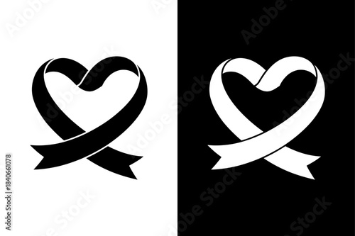 Heart Ribbon Icon Silhouette. Elegant Black and White Vector Illustration