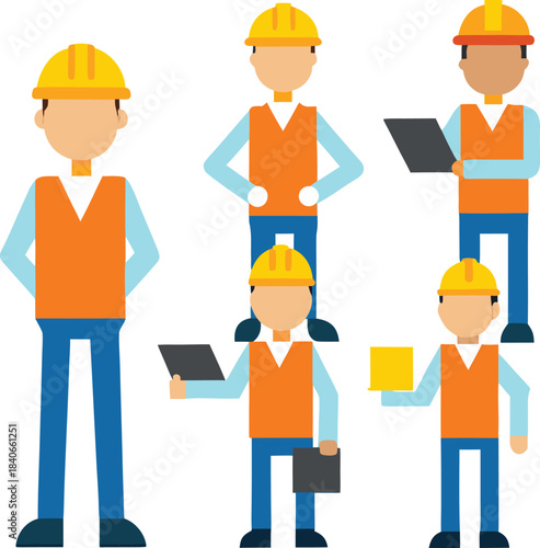 Construction Engineer or Foreman Character Set in Various Poses with Safety Helmet and Vest