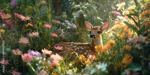 Cute little fawn on a meadow full of flowers