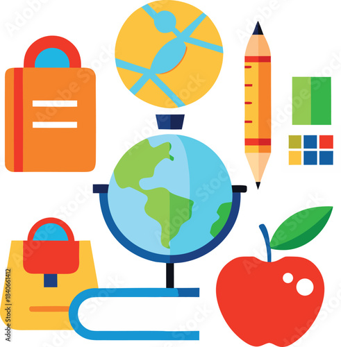 Education and School Supplies Icon Set. Flat Design Vector Illustration of Globe, Backpack, Book, Pencil, and Apple for Learning and Study.