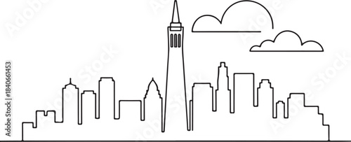 Continuous Line Art San Francisco Skyline with Coit Tower Silhouette in Minimal Contour Outline Style