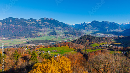 View from the village of Gurtis by Nenzing with fall colors, Walgau Valley, State of Vorarlberg, Austria, Drone Photographyault