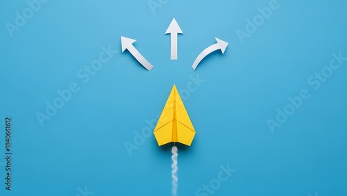 Paper airplane choosing direction with multiple arrows, concept of decision making and strategy