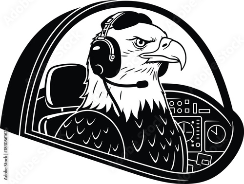 Eagle pilot wearing headset silhouette isolated on white background