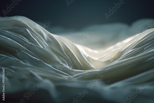 Folds of white fabric lay on a surface with light interacting with the textures and shaping shadows in the background