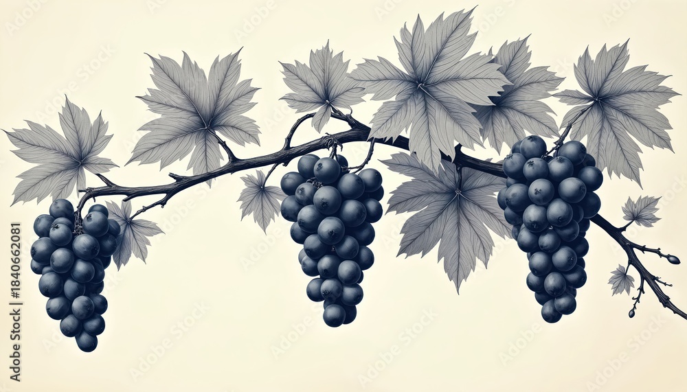 Obraz premium Vintage illustration of dark grapevine branch with ripe fruit clusters and textured leaves. Stylized botanical art in monochrome, suitable for classic or rustic designs.