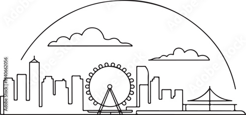 Continuous Line Art Seattle Skyline with Ferris Wheel and Waterfront Arc in Minimal Contour Outline Style