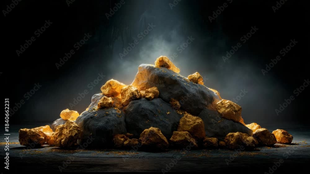 custom made wallpaper toronto digitalPile of glowing gold nuggets and dark rocks on a cave floor, realistic style, with dramatic lighting and smoky background, concept of treasure discovery