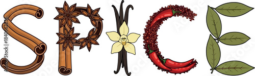 Spice typography formed from cinnamon anise vanilla chili and bay leaves.