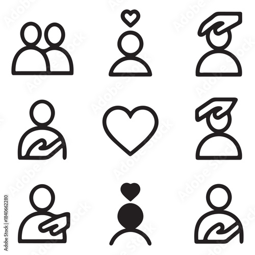 Black line icons of people with hearts and education symbols