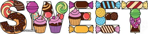 Colorful SWEET lettering formed by candies cupcakes and lollipops.