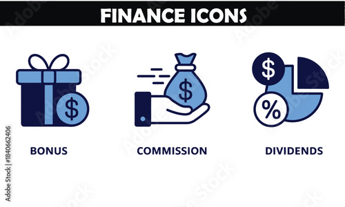 Finance icons set featuring bonus gift box, commission money bag, and dividends pie chart for business earnings concepts