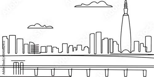Continuous Line Art Seoul Skyline from Yeouido Riverside in Minimal Contour Outline Style