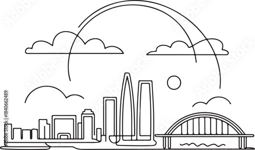 Continuous Line Art Seoul Skyline with Han River Arc in Minimal Contour Outline Style