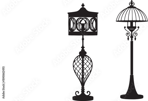 Vintage metal street lantern vector illustration, antique town post light design silhouette