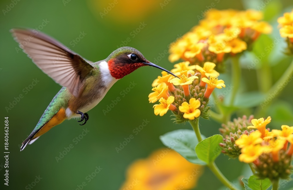 Fototapeta premium Ruby throated hummingbird hovers near yellow lantana flowers, sipping nectar with its long beak. This tiny bird exhibits iridescent feathers and rapid wing beats in garden setting during summer.
