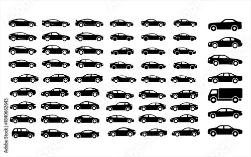 Collection of diverse black car silhouettes displayed in rows against a white background