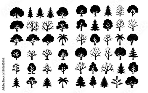Collection of diverse black silhouette tree icons representing various species and seasons