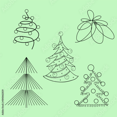 Line art. A set of abstract Christmas trees with ornaments for your design.