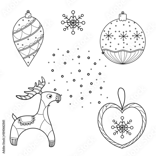 Line art. Set of Christmas tree decorations, snowflakes, snow. For your design.