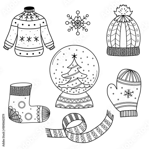 Line art. Set of warm clothes, snowflake, and snow globe. For your design.