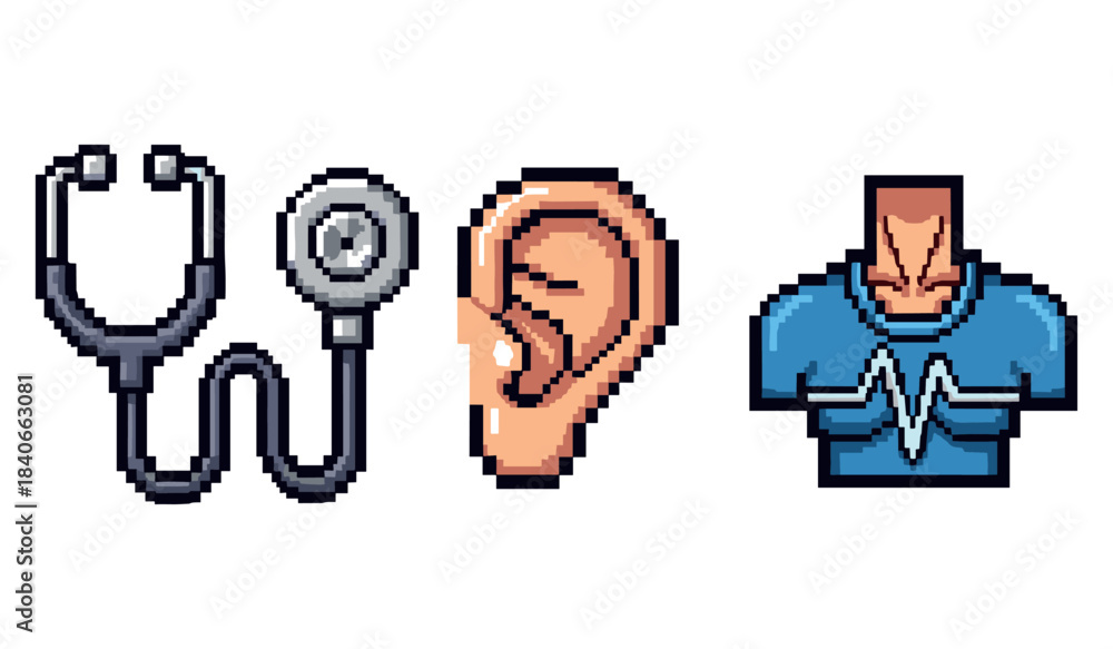 Fototapeta premium Pixel art icons of stethoscope, ear, muscle shirt