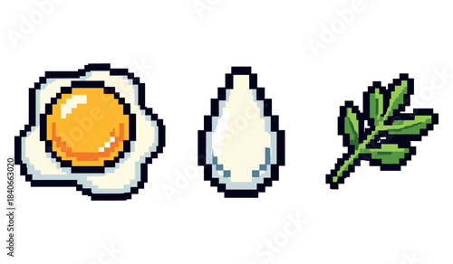 Pixel art: fried egg, droplet, and green leaf on white background