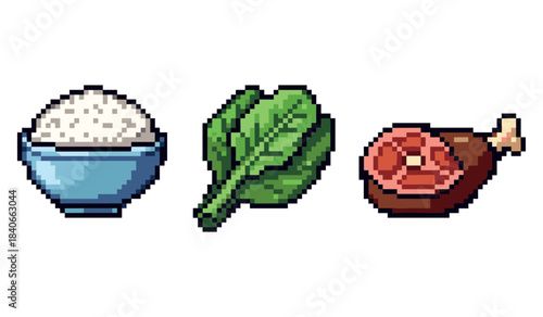 Pixel art food: rice, spinach leaf, and ham on white background