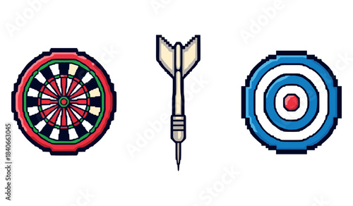 Pixel art darts game concept with dartboard and target symbols