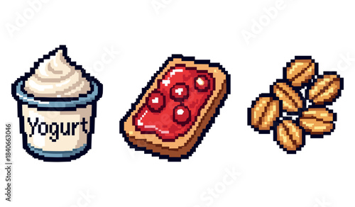 Pixel art of yogurt, berry toast, and almonds on white background
