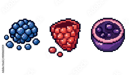 Pixel art berries: blueberries, strawberries, acai bowl in 8-bit style