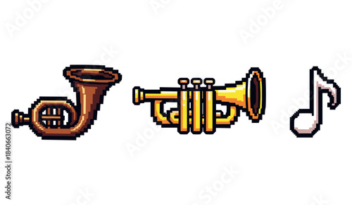 Pixel art french horn and trumpet with musical note icon