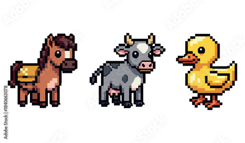 Cute pixel art animals: horse, cow, and duck on white background