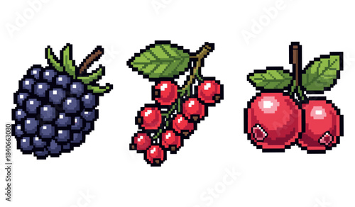 Pixel art berries featuring blackberry redcurrant and cranberries