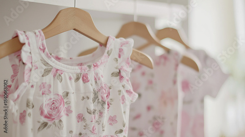children's dresses hanging on wooden hangers, Close-up of children's things in wardrobe, Delicate white children's clothes with pink roses pattern hanging neatly on hangers, generative ai