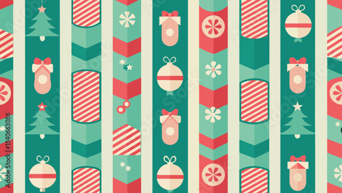 cheerful Christmas design with alternating red and green stripes, embellished with bows and small Christmas trees..eps