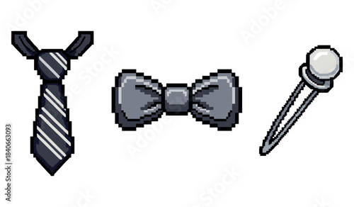 Pixel art accessories: striped tie, bow tie, and tie pin set