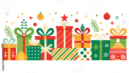 Christmas gift border featuring colorful presents and holly leaves, creating a festive holiday atmosphere..eps