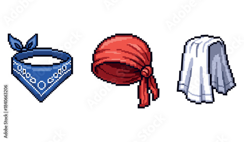 Pixel art accessories: blue bandana, red headscarf, white towel