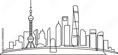 Continuous Line Art Shanghai Skyline with Smooth Bund Arc in Minimal Contour Outline Style