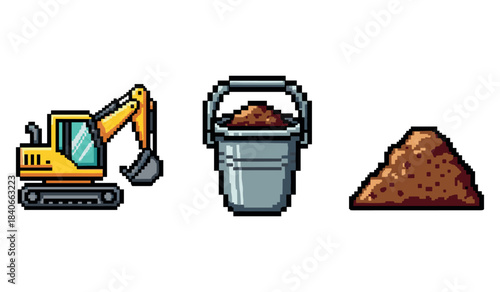 Pixel art icons of excavator, bucket, and dirt pile on white background