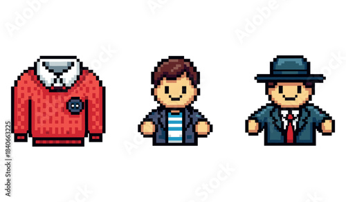Pixel characters and outfit design with sweater and suit