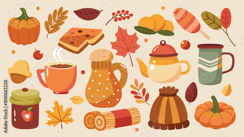 Autumn sticker collection with colorful leaves, pumpkins, and acorns, capturing the essence of the season..eps