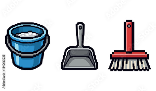 Pixel art cleaning tools: blue bucket, dustpan, and broom