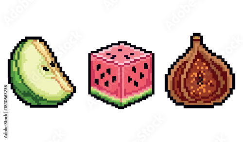 Pixel art fruits: honeydew, watermelon, and fig in retro style