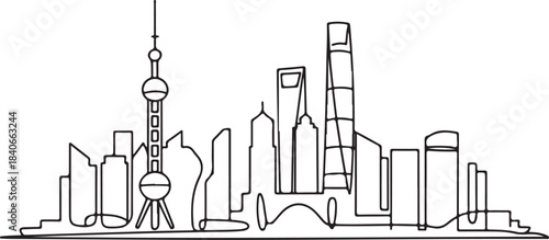 Continuous Line Art Shanghai Skyline with Smooth Bund Arc in Minimal Contour Outline Style