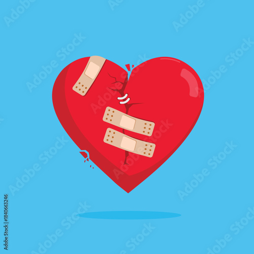 Illustration of a broken heart with various wounds and bandages. Rejected love