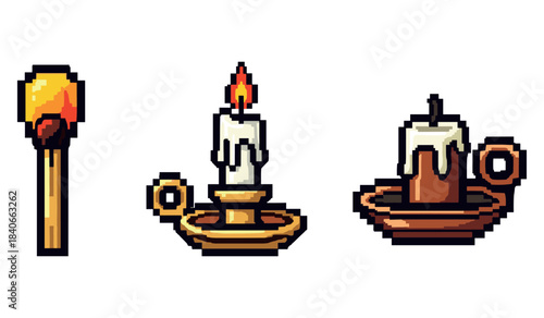 Pixel art candle evolution: matchstick to melted candle on brass holders