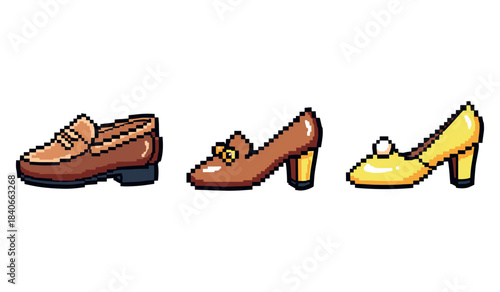 Pixel art of three stylish shoes: brown loafer, elegant heel, yellow pump